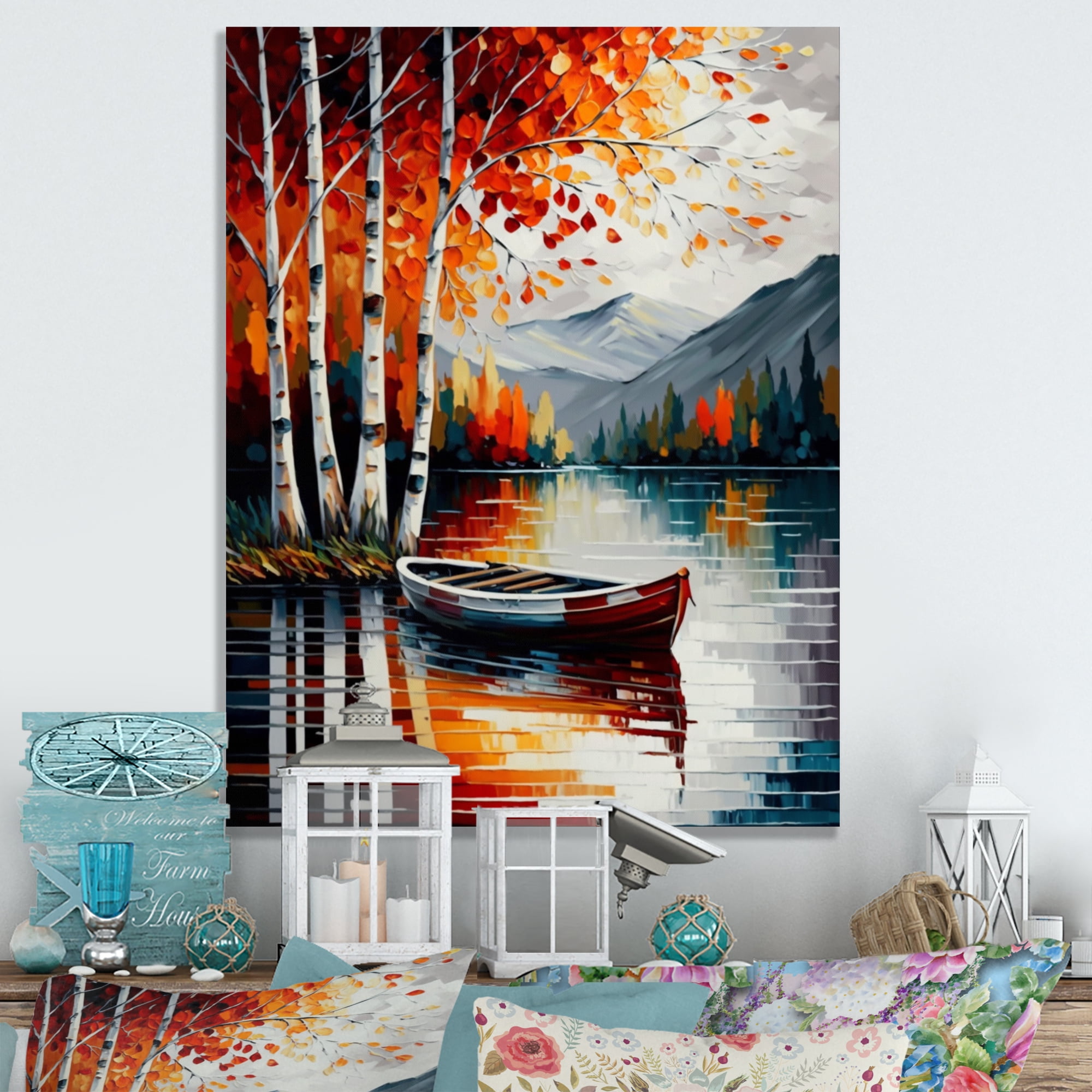 Designart Red And Orange Birch Trees By The Lake X Canvas Wall Art