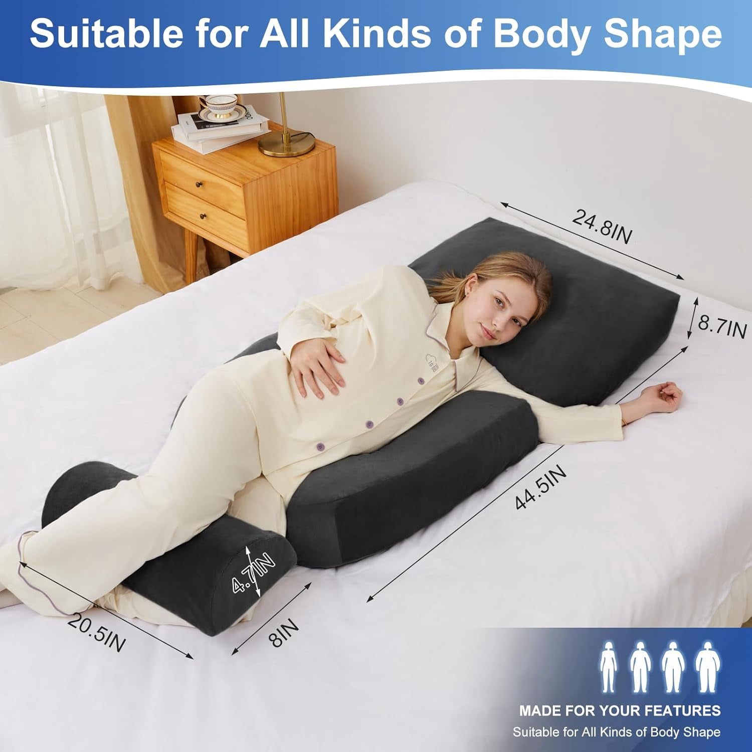 Pregnancy Pillow for Sleeping – 44.5 Inch Full Body Pillow with Leg Pillow & Removable Cover, Supports Back, Legs, Belly, Hips for Pregnant Women (Black)