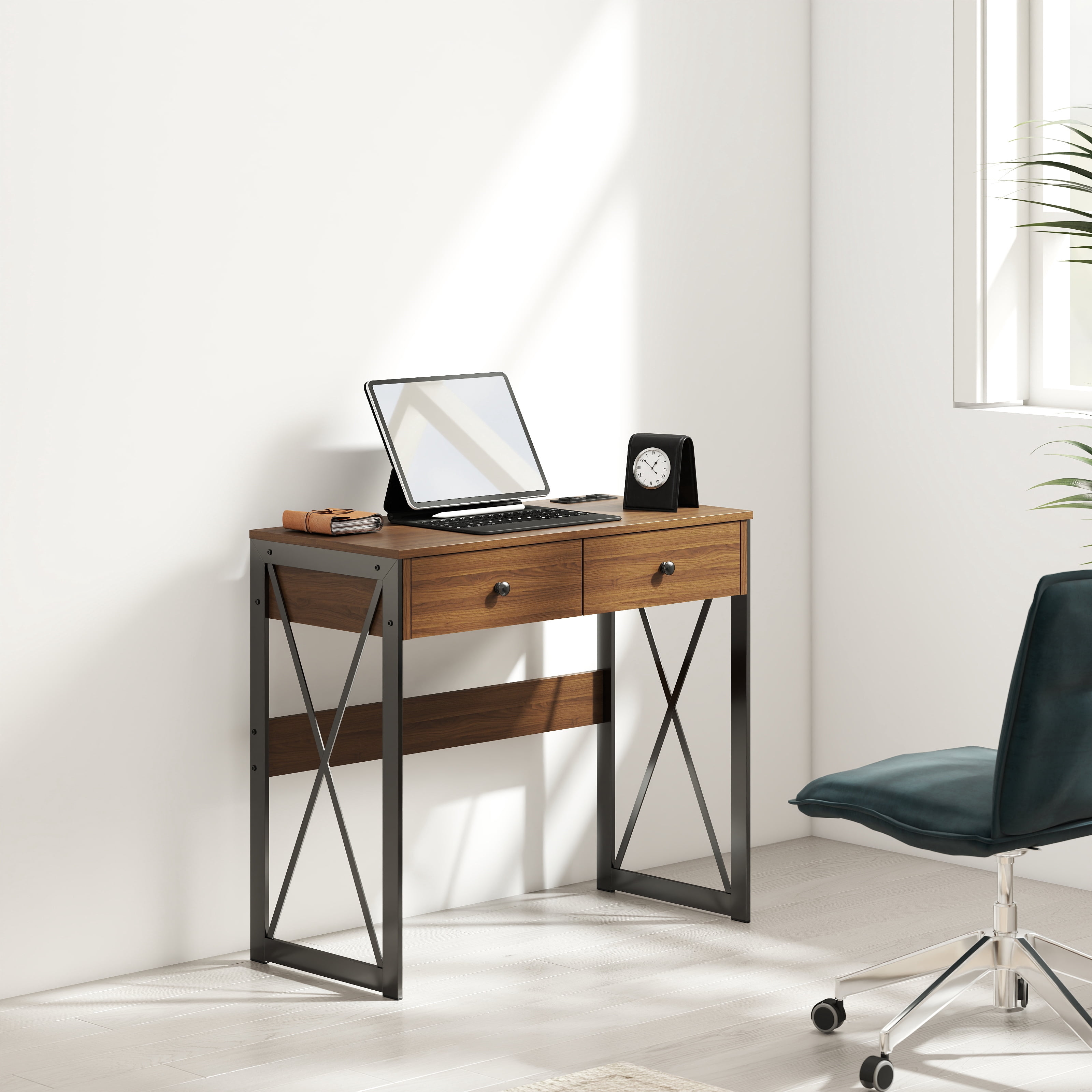 Manora Home Office Desk, Computer Desk Small PC Table with 2 Drawers, X Shaped Legs, Walnut