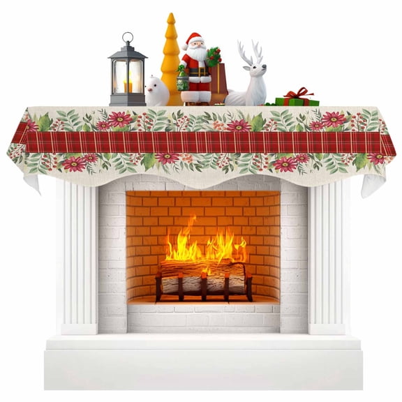 Christmas Winter Fireplace Mantle Scarf, Green Leaves Red Vintage Buffalo Plaid Mantel Cover Table Runner for Home Living Room Door Window, Indoor Outdoor Holiday Party Decor 17" x 60"