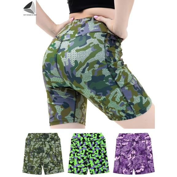 PULLIMORE Womens Camo Yoga Leggings Biker Shorts with Pockets High Waist Camouflage Active Workout Pants (XL, Camouflage)