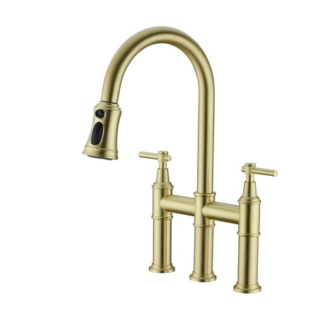 

Qukaim Pull Down Double Handle Kitchen Faucet Brushed Gold Leak-free