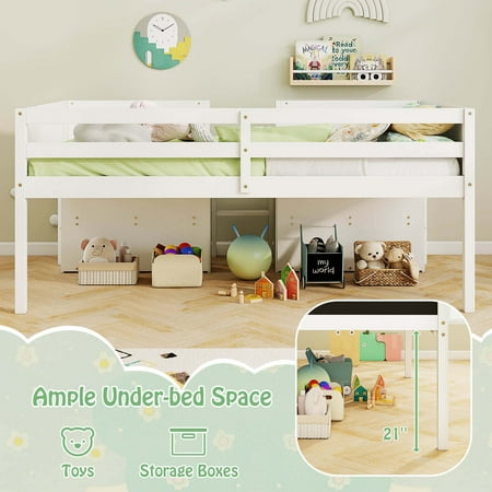 Costway Twin Size Low Loft Bed with Ramp Ladder & Bookcases Full-length Safety Guardrail - White
