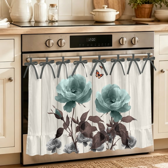 Teal Blue Floral Kitchen Oven Curtain, Vintage Rustic Botanical Beige Wooden Oven Skirt Curtain for Kitchen Decor, Tie Top Curtains for Ovens Door Stove Dishwasher Cabinet Windows, 30" x 21.5"