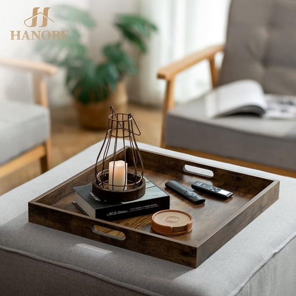 Ottoman Tray for Living Room: Wood Serving Tray for Coffee Table - 20" Square Rustic Farmhouse Platter with Handles - Extra Oversized Decorative Topper for Kitchen Brown