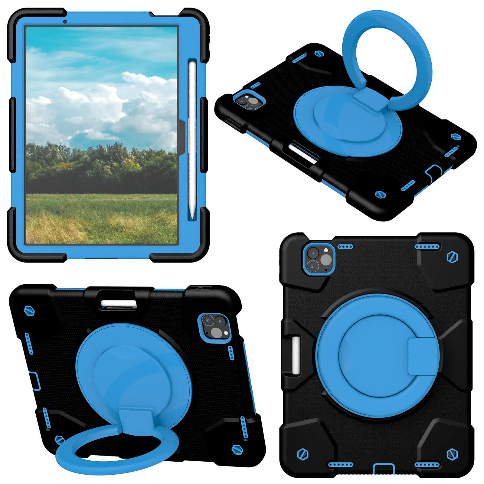 ELEHOLD Military Grade Shockproof Case For Apple iPad Air 11 (2024), Heavy Duty Protection Ring Stand Cover, Adjustable Angel, Detachable Shoulder Strap, Pencil Holder, Black+Blue