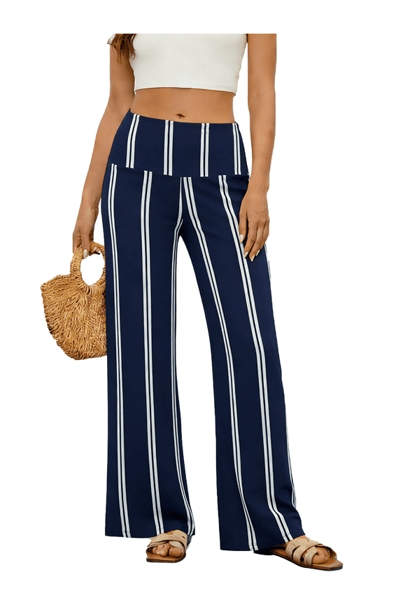 Women High Waist Pants Fashion Stripe Stretchy Wide Leg Palazzo Lounge Pants Comfy Loose Fit Dress Pants
