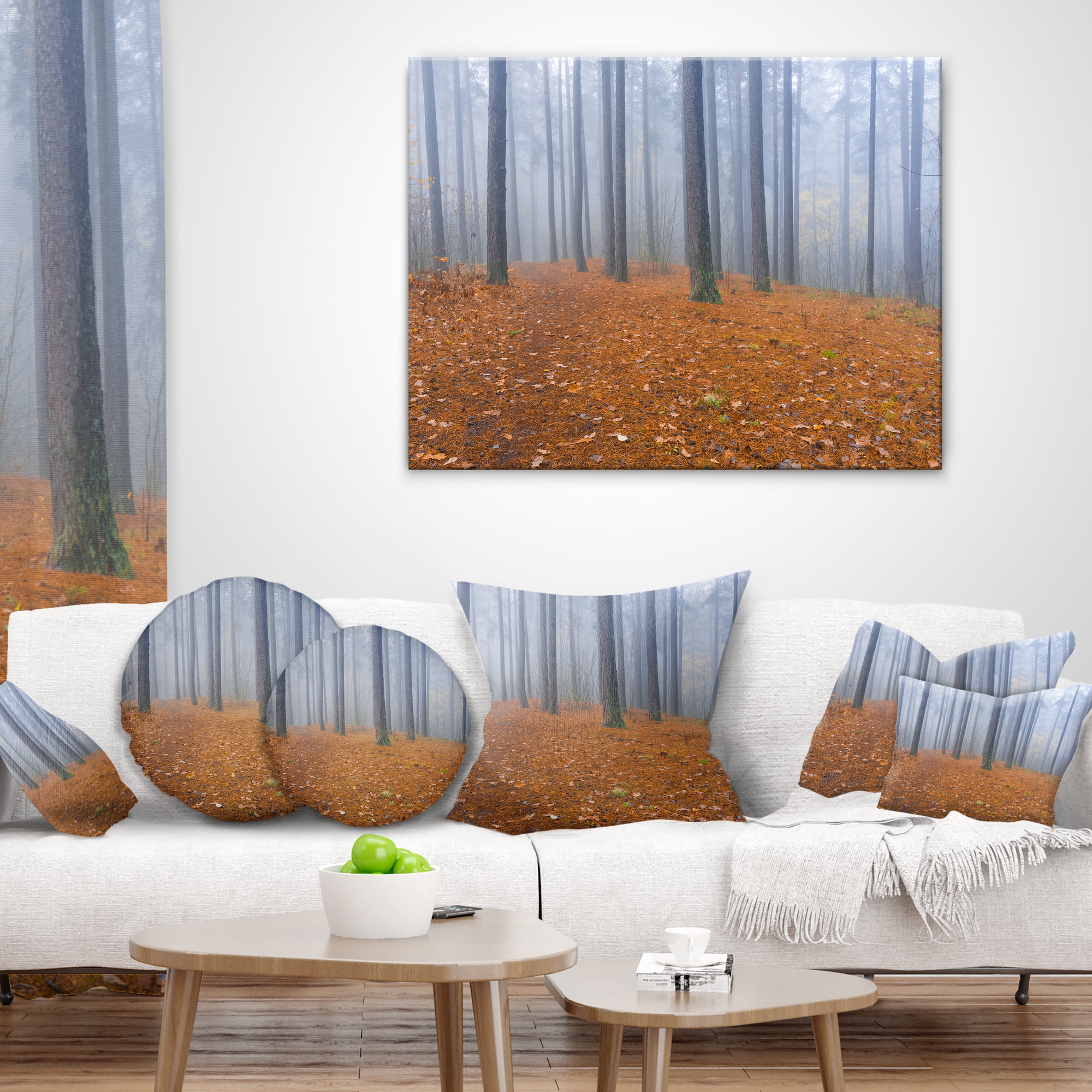 Designart Foggy Dense Forest in autumn - Modern Forest Throw Pillow - 12x20