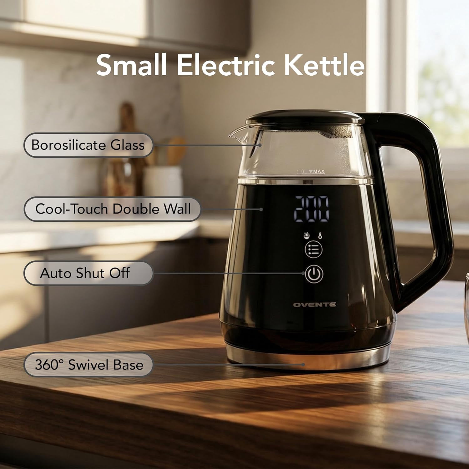 OVENTE 1L Small Electric Kettle with 5 Temperature Preset, Digital Display, 5Hr Keep Warm, Auto Shut-Off, Double-Wall Cool Touch Exterior, Borosilicate Glass,1500W BPA Free Water Boiler, Black KD95B