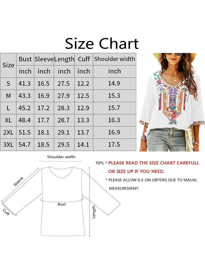 Women's Summer Boho Embroidery Mexican Bohemian Tops V Neck 3/4