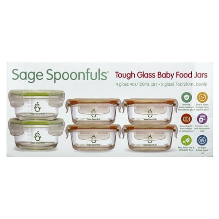 Sage Spoonfuls Tough Glass Baby Food Jars, Combo Pack, 6 Pack