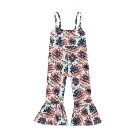 

PDYLZWZY Newborn Baby Girls 4th of July Jumpsuit Spaghetti Strap Stars Stripe Printed Bell Bottom Romper Sunflower 2-3 Years