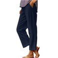 thumbnail image 3 of Dazajoo Cotton Linen Pants Women Summer Elastic Waist Straight Leg Pants Plus Size Solid Color Beach Trousers with Pockets,Navy,XL, 3 of 7