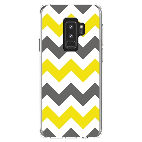 DistinctInk Clear Shockproof Hybrid Case for Samsung Galaxy S9  PLUS (6.2" Screen) - TPU Bumper, Acrylic Back, Tempered Glass Screen Protector - Grey Yellow Stripes - Stripes Pattern