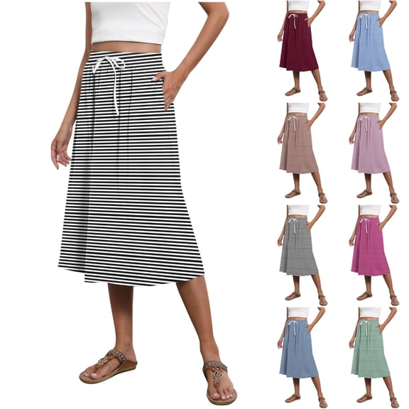 Women Summer Solid Color Drawstring Side Pocket Casual Loose Skirt Maxi Skirts A Line Skirt Casual Trendy Elastic Waist Fashion Clothing Senior Front
