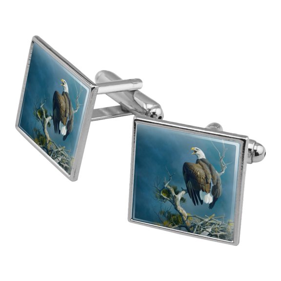 Bald Eagle Nest Raptor Square Cufflink Set - Silver or Gold