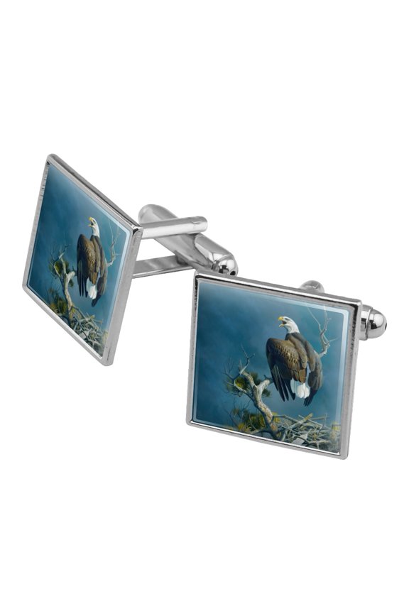 Bald Eagle Nest Raptor Square Cufflink Set - Silver or Gold