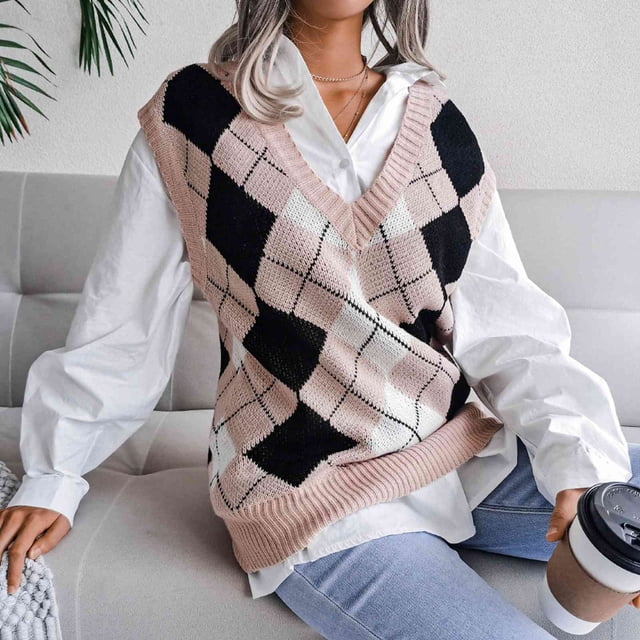 Chaleco de punto a cuadros para mujer, chaleco sin mangas para mujer, chaleco tipo pulóver, chaleco tipo suéter con cuello en V para mujer, eficiencia óptima