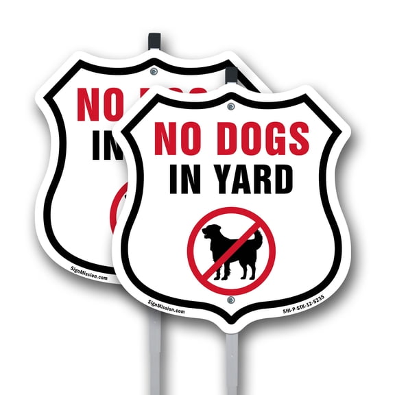 No Dogs In Yard (2 Pack) 12 inch X 12 inch Shield Shaped Commercial Grade Plastic Signs with Aluminum Mounting Stakes Weather Resistant Made in the USA