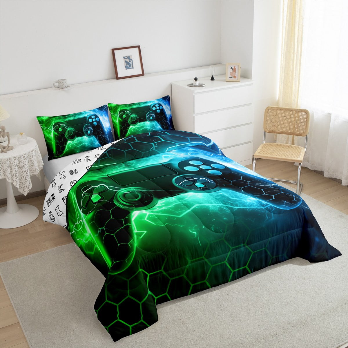 Green Gamer Bedding Set,Honeycomb Gaming Comforter Set Lightning Gamepad Comforter Game Room Decor Duvet Set Decor Quilt Set Bedding Collection