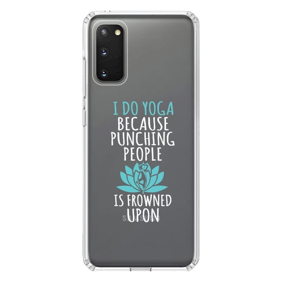 DistinctInk Clear Shockproof Hybrid Case for Galaxy S20 / S20 5G (6.2" Screen) - TPU Bumper Acrylic Back Tempered Glass Screen Protector - I Do Yoga Punching People Frowned Upon