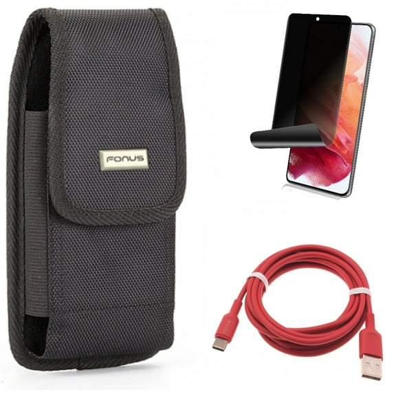 6ft USB-C Cable & Privacy Screen Protector & Case Belt Clip for Samsung Galaxy S22 (6.1") - Red Charger Cord & TPU Film Fingerprint Works & Swivel Holster Accessory Bundle