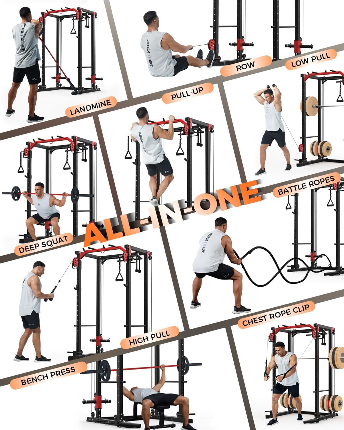 Memoryfield Power Cage with Cable Crossover System, 2000 lbs Capacity Power Rack with LAT Pulldown, Multi-Function Workout Cage with Pulley System for Strength Training, Red
