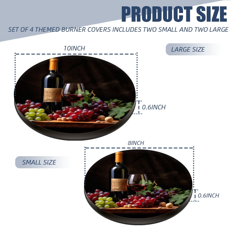 Round Electric Stove/Range Burner Cover, Wine and Grapes Print Durable Gas Stove Burner Covers Conceals Messy Drip Pans Set of 4 for Kitchen, 8 Inches and 10 Inches
