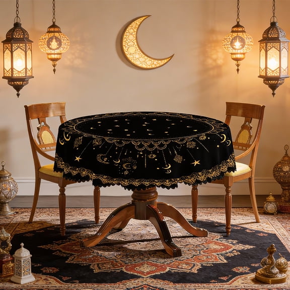 60 Inch Round Tablecloth Black and Gold, Star and Crescent Moon Pattern with Golden Lace Edge, Elegant Everyday Dining Table Cover, Washable Home Decor