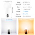 thumbnail image 3 of Matsuzay Bombilla de luz WiFi inteligente, lámpara Led de 15W RGB RGBW E14/B22/E27, luces cálidas para despertar, funciona con Alexa, Home, luces Iluminación novedosa No.1 Matsuzay HA024218-01, 3 of 6