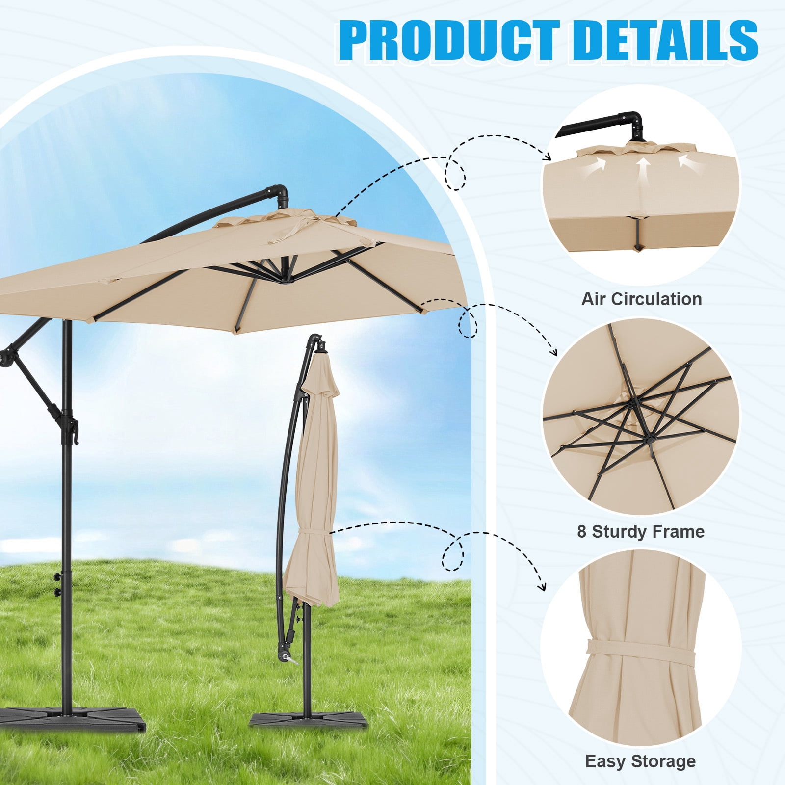 JUSTLET 8 x 8 ft Outdoor Square Hanging Offset Cantilever Umbrella for Garden, Base Included, Beige