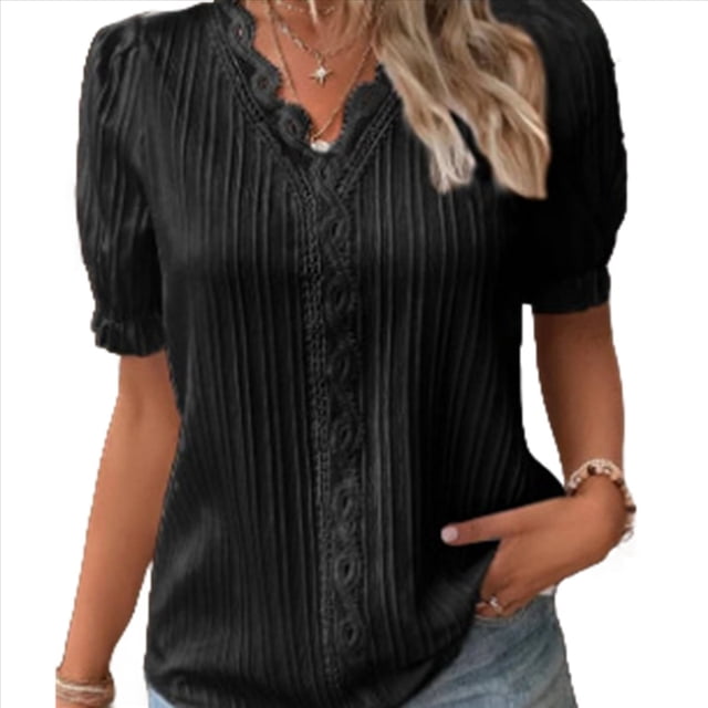 Blusa Elegante de Encaje con Cuello en V y Corta para Mujer Negro M