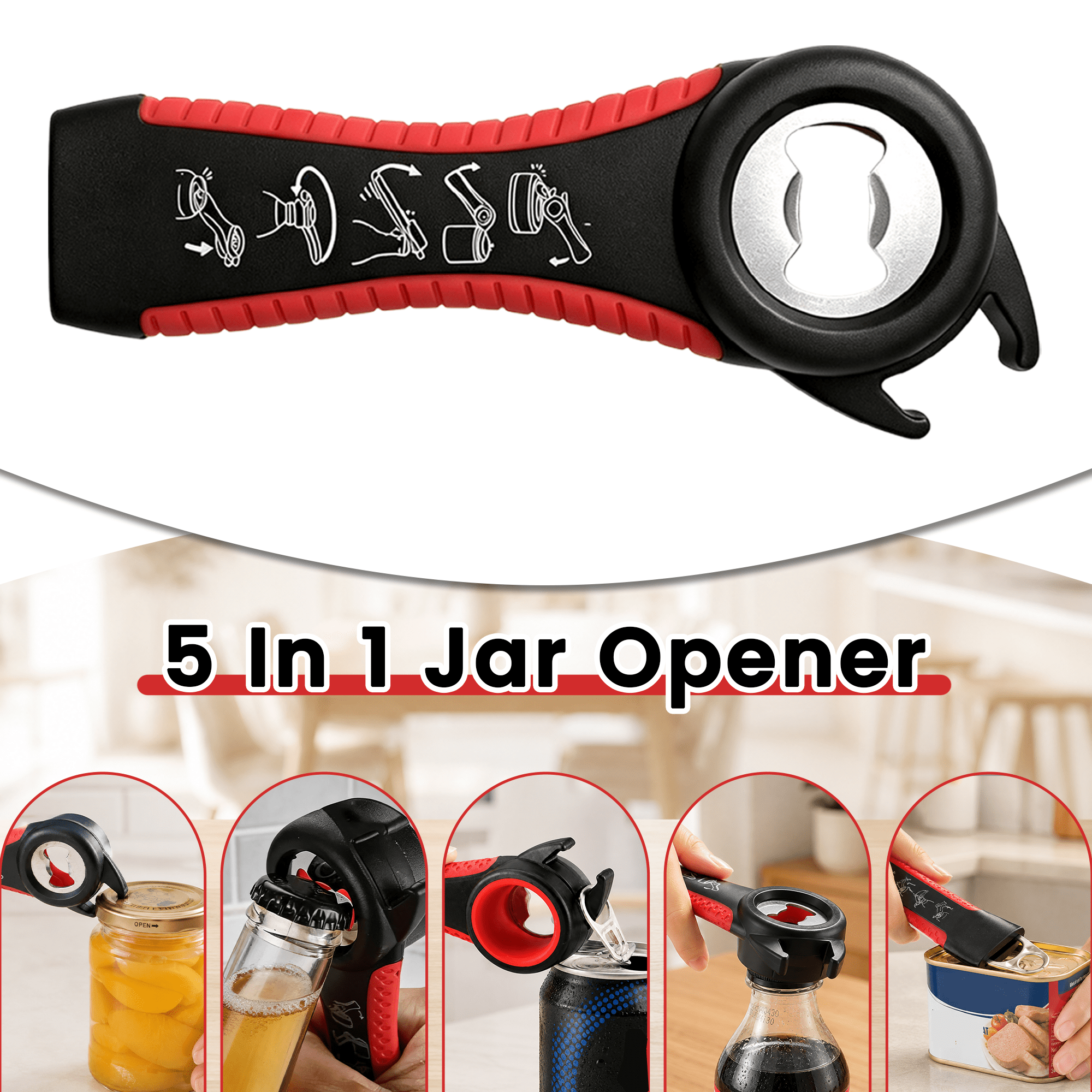 4 Pack Jar Opener Set, 5-in-1Multi Function Bottle Opener, Non Slip Bottle Can Opener Gripper Kit, Silicone Jar Gripper Pad & Manual Lid Openers