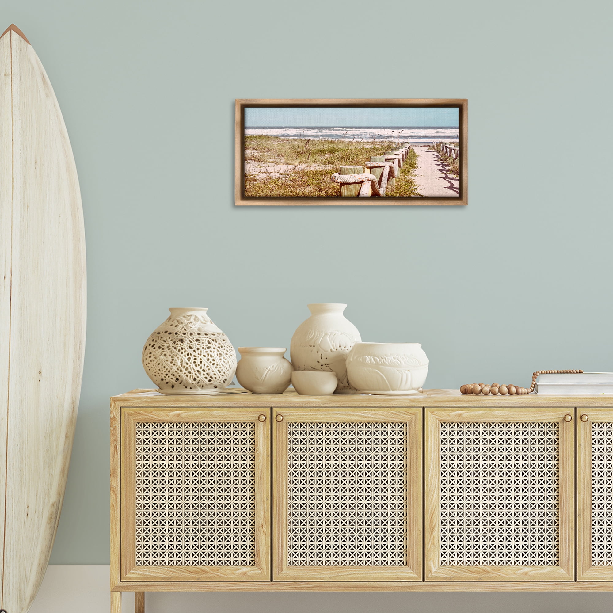 Stupell Industries Eastern Beach Walkway Landscape Photography Brown Floater Framed Canvas Art Print Wall Art, 31 x 14