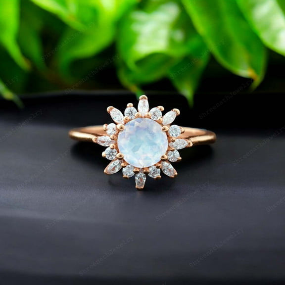 SHREENATHJEWELRY 5MM / 1.5Ct Vintage Moonstone Wedding Ring- Moissanite Halo Proposal Ring Delicate Gold Engagement Ring Personalized Gift For Wife