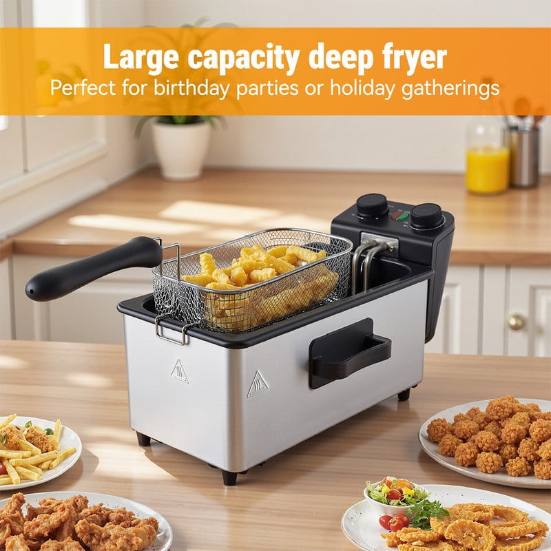 Daluvenix Electric Deep Fryer, 3L Capacity with A Frying Basket, 1700W Power, Time & Temperature Control, Stainless Steel, Dishwasher Safe Lid & Baskets, Home Use Fryer with View Window & Odor