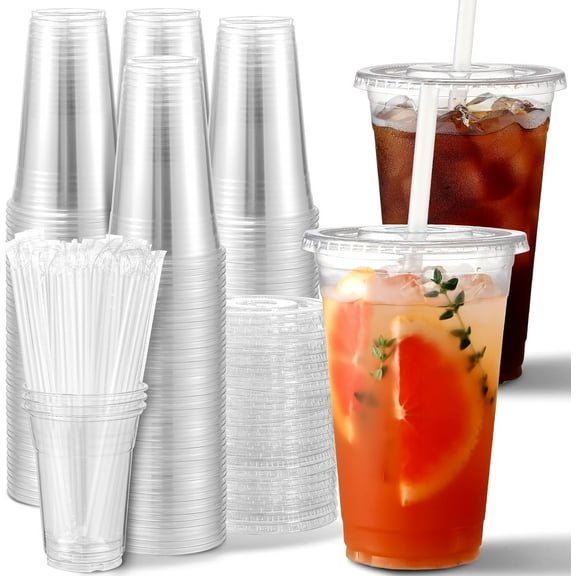 100 Pack - 24 oz Clear Plastic Cups with Lids and Straws, Sturdy & Food Safe Iced Coffee Cups with lids, Disposable Iced Coffee Cups for Cold Drinks