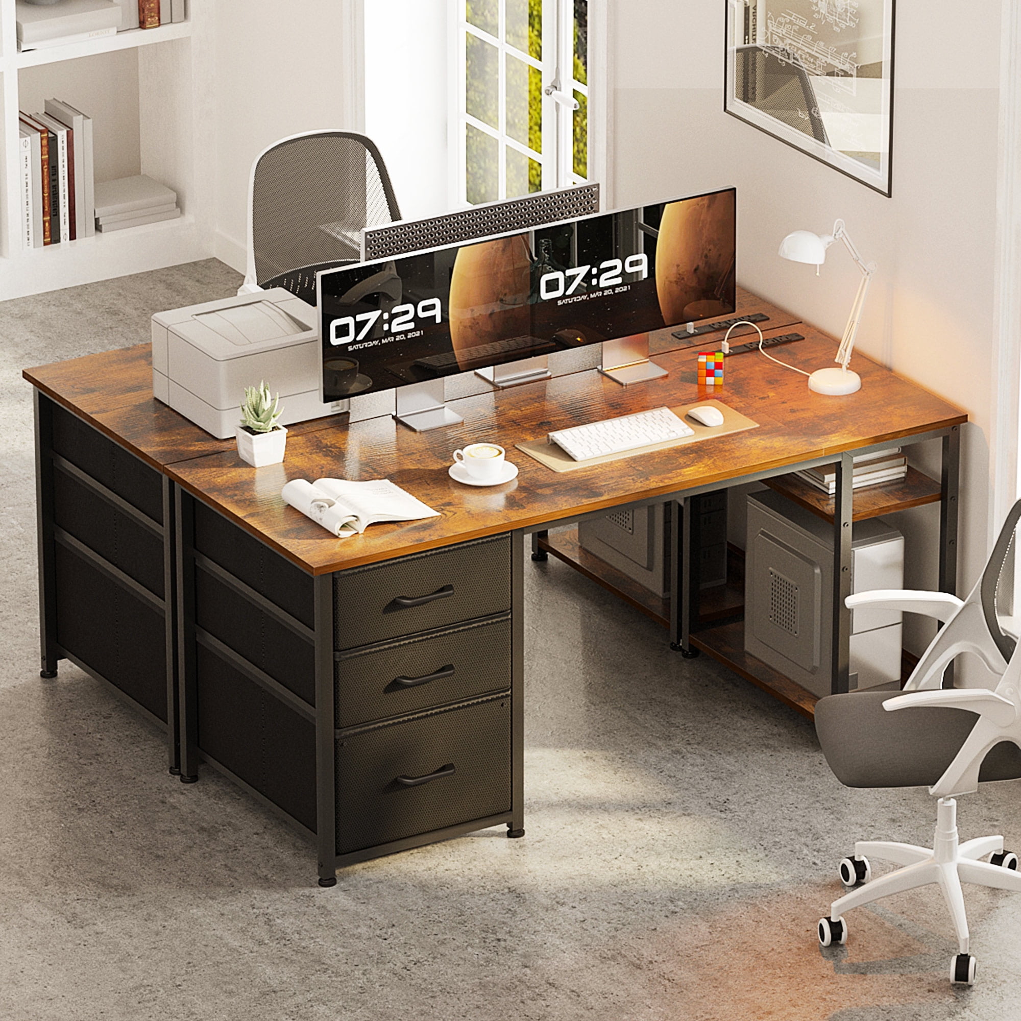 51 Inch Computer Desk with File Drawers & USB Power Outlets- Reversible Home Office Desk with Storage Shelves, Work from Home, Writing Table for Bedroom, Vintage