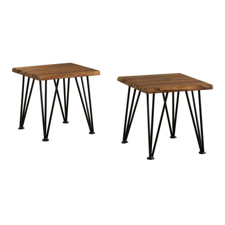 Zahir Outdoor Industrial Rustic Finished Iron and Acacia Wood Accent Table, Set of 2,