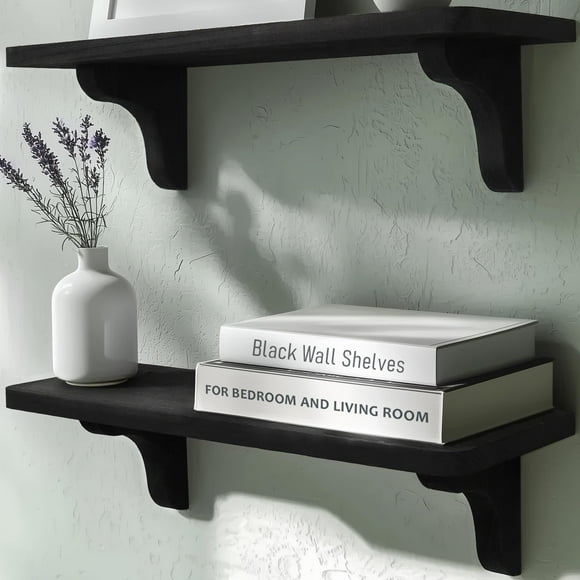 shiyou-Real Wood Black Wall Shelves - 17 inch (2 Pack) - Easy to Install, Template and Video Included - Black Wall Shelving, Black Shelves for Bedroom, Shelves for Wall Decor