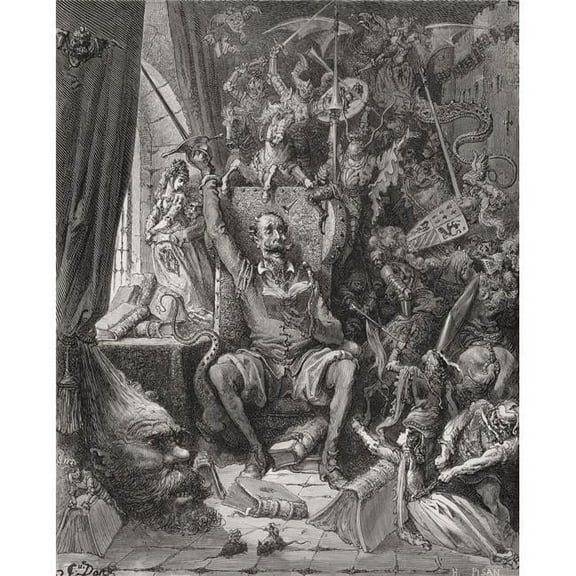 Engraving By Gustave Dore 1832-1883 French Artist And Illustrator Of Don Quixote Amongst His Books In His Library From D