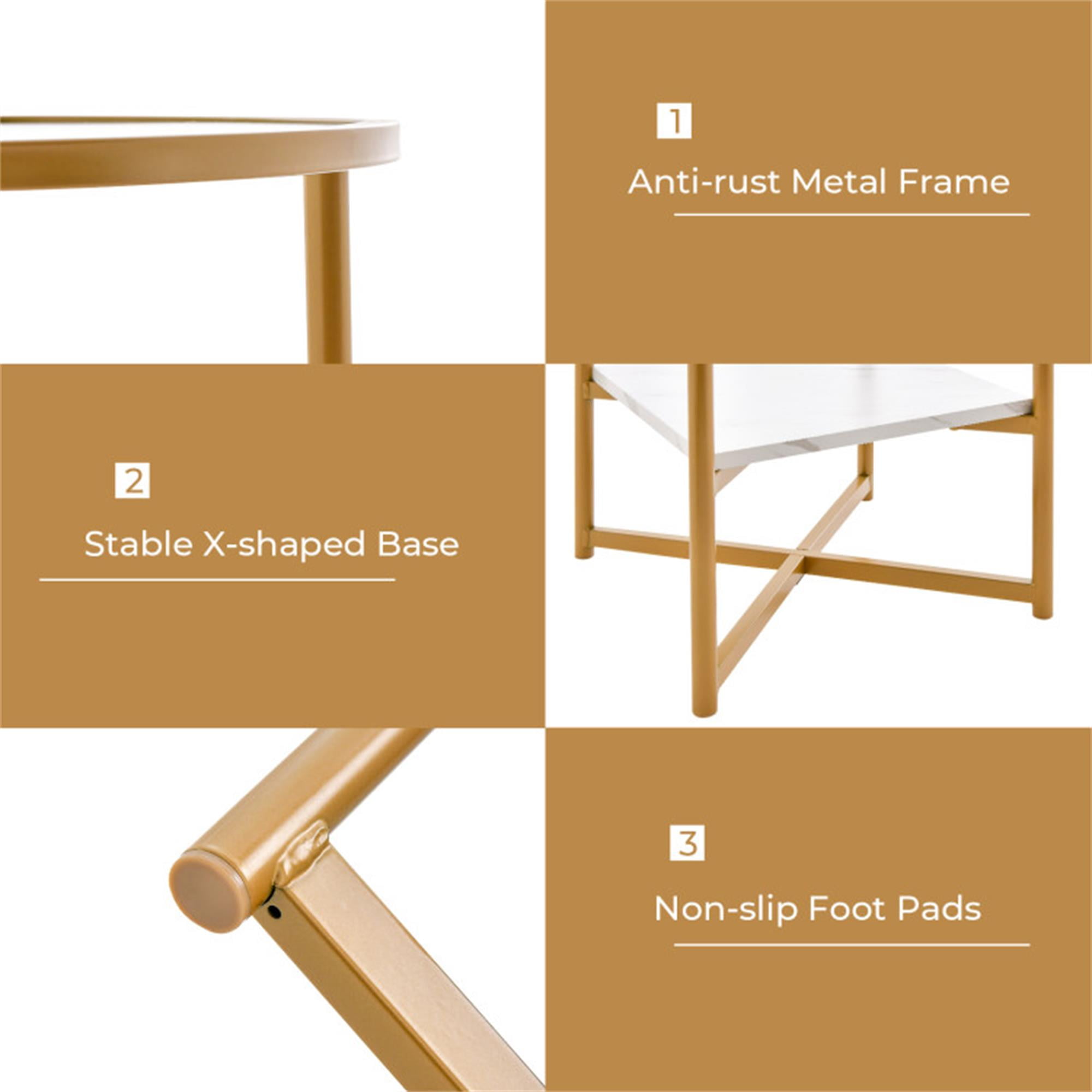 Demi Bonn 3-Piece Coffee Table Set, Rectangular Modern Coffee Table with Gold Print Metal Frame & 2-Tier Glass End Table Set of 2 with Faux Marble Storage Shelf, for Living Room, White