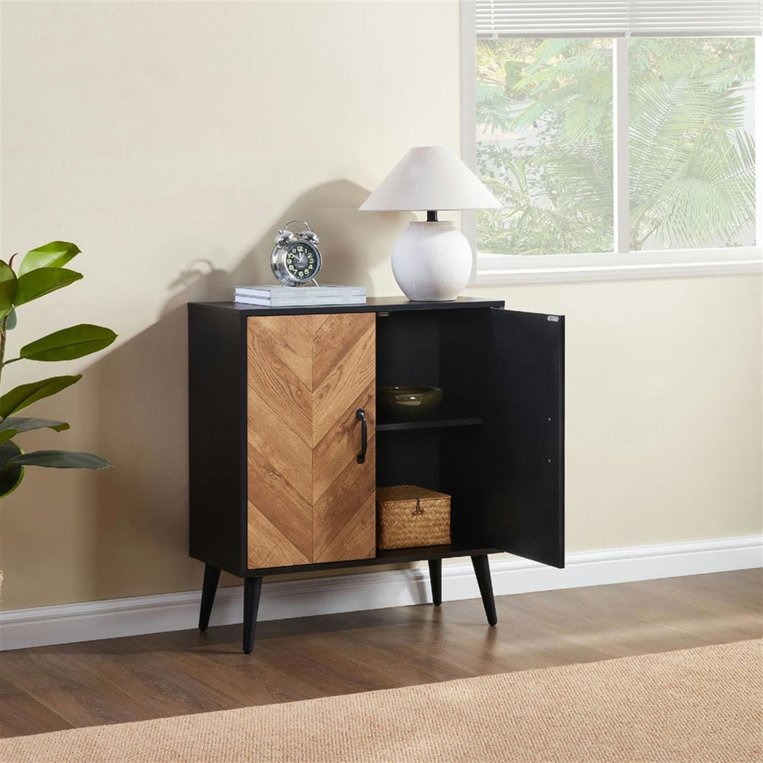 Demi Bonn Accent Cabinet with Adjustable Shelf, Kitchen Storage Cabinet with Herringbone Design, Sideboard for Living Room, Kitchen, Entryway, Black