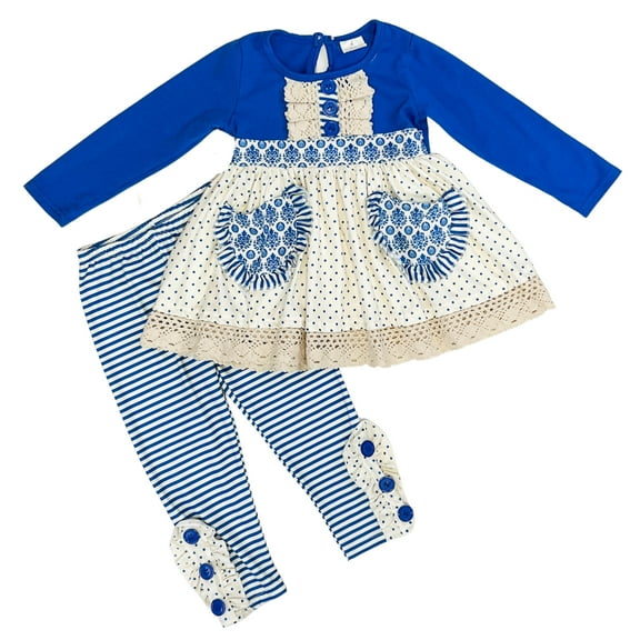 Dash of Glitter Girls Winter Blue & Cream Long Sleeve Two Piece Pant Set Outfit, Sizes 2T-10