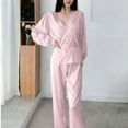 thumbnail image 2 of FAWUUDO Womens Satin Long-Sleeve Blouses and Full-Length Bottom Pajama Set Loose Soft Lounge 2 Pieces Lightweight Nightwear, 2 of 6