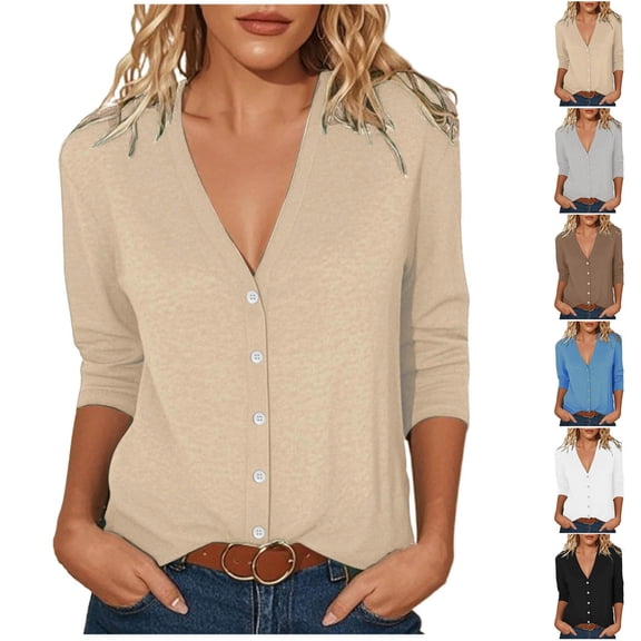 Oksale Cotton Cardigans for Women Casual Lightweight Button Down V Neck Summer Cardigan Comfortable Long Sleeve Basic Tops Khaki M
