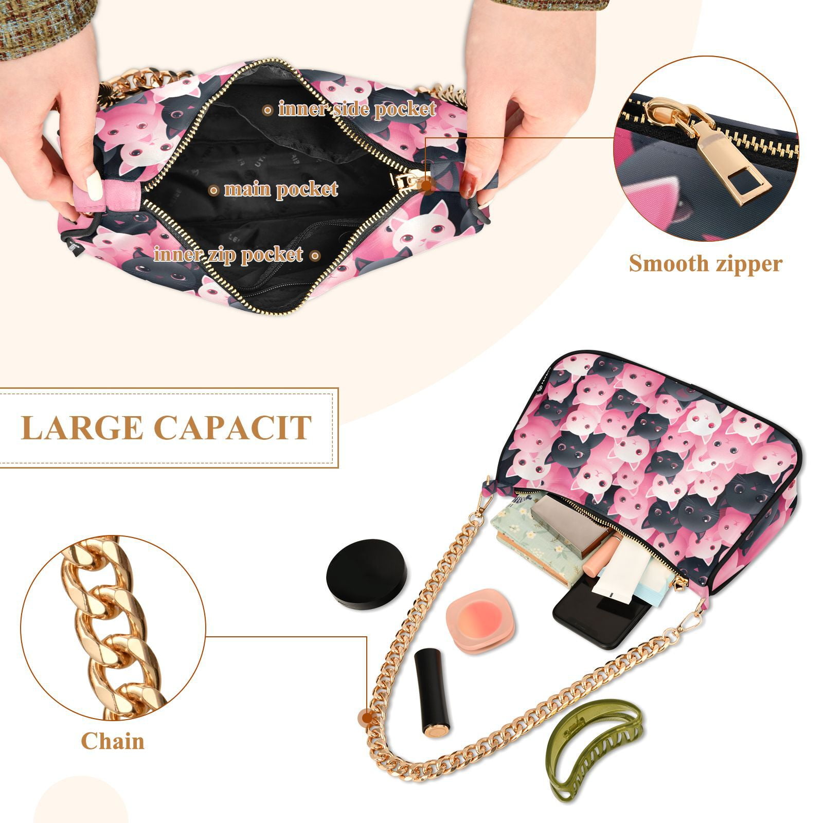Cats Black Pink CartoonWomen Small Shoulder Bag Crossbody Tote Hobo Bags Purse Clutch Handbags with Chain Strap for Women