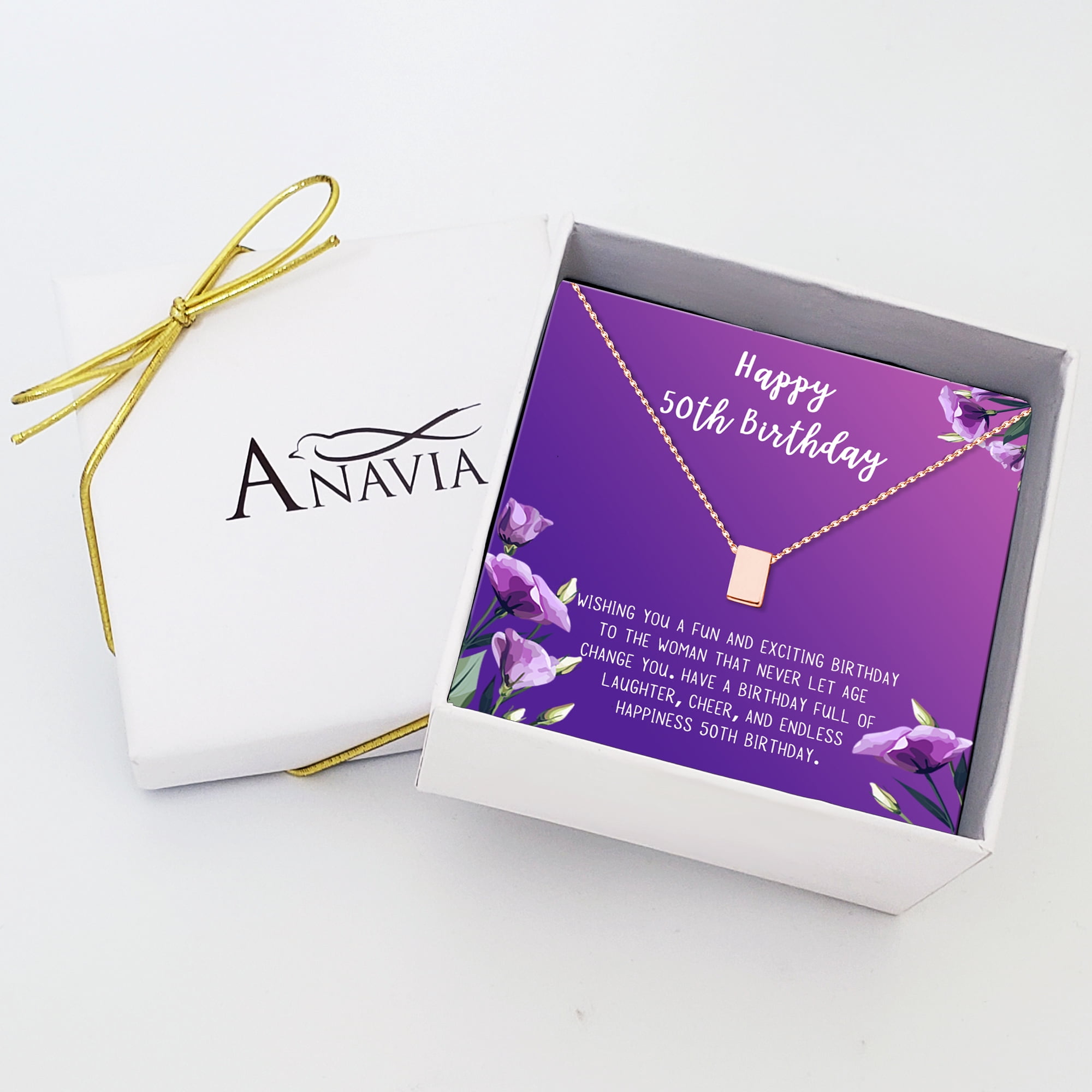 Anavia Happy 50st Birthday Gifts Stainless Steel Fashion Necklace Birthday Card Jewelry Gift for Her, Birthday Gift for Grandma-[Rose Gold Cube, Royal Purple Gift Card]
