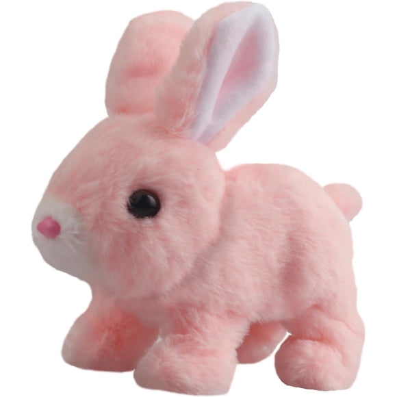 Juguete electrónico interactivo de Pascua: un conejito de peluche que suena con animación para caminar, orejas y nariz móviles, adecuado para niños pequeños y niños (versión rosa).