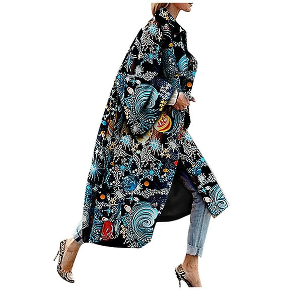 Women's Long Bell Sleeve Printed Oversized Trench Coat Boho Chic Outerwear